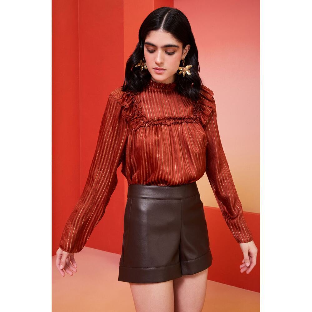 Marie Oliver Estelle Blouse - Silk Metallic Stripe Ruffled Neck Top